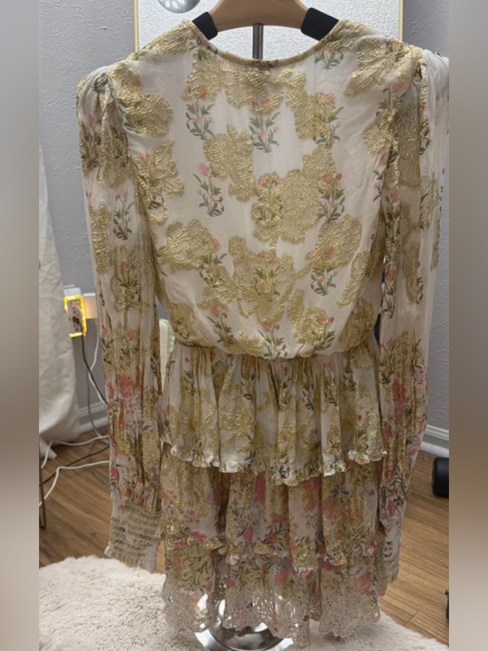 HEMANT & NANDITA Sheer Floral Tie-Front Robe in Cream and Gold - Picture 3 of 4